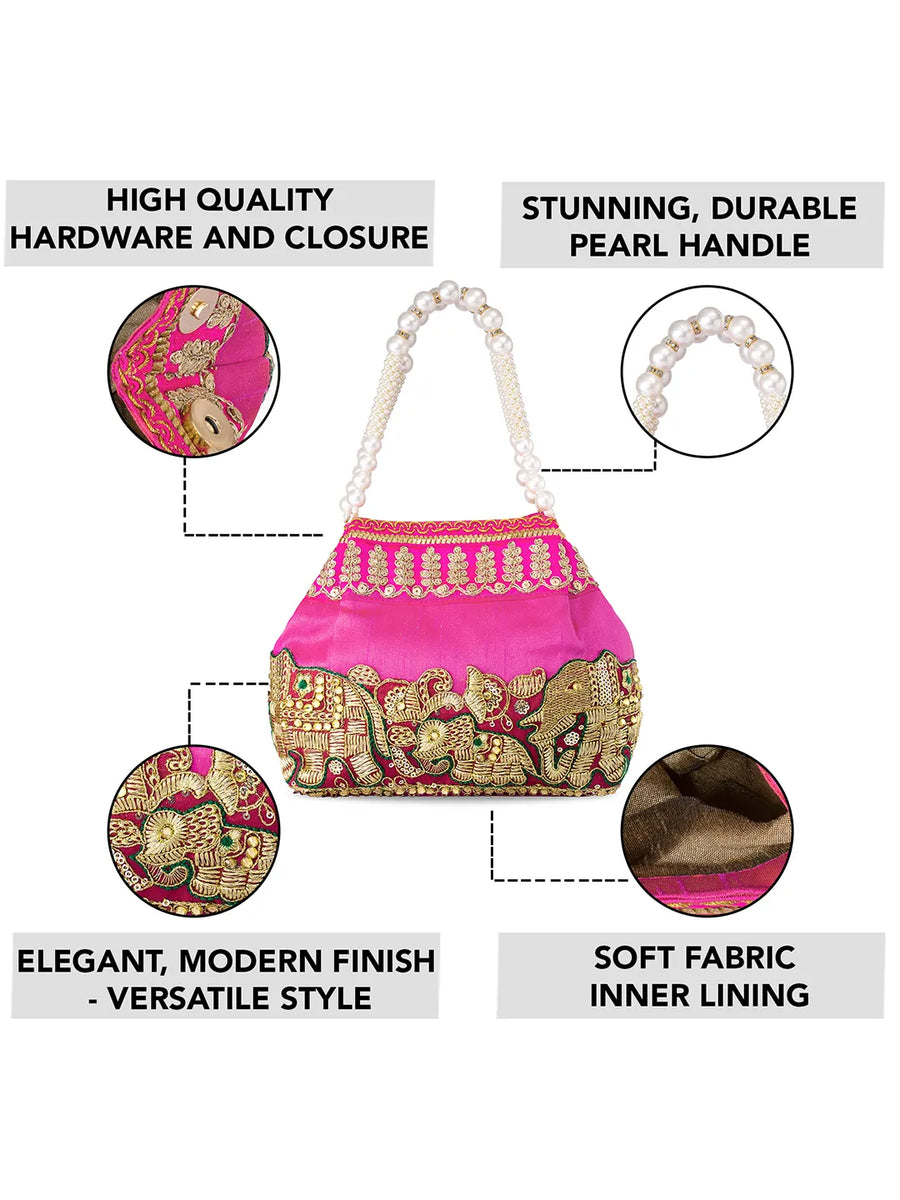 Timeless Zari Embroidery Potli Bag - Rani Pink