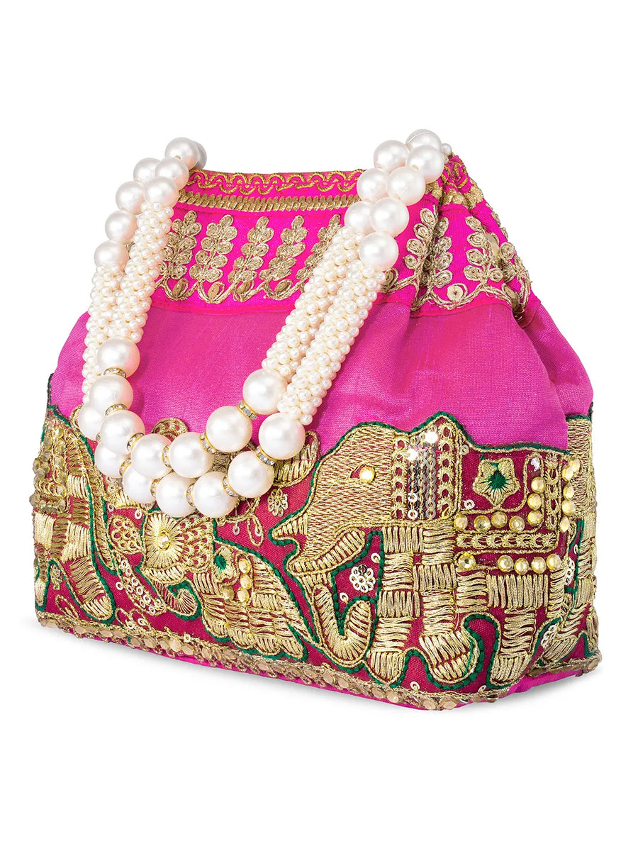 Timeless Zari Embroidery Potli Bag - Rani Pink