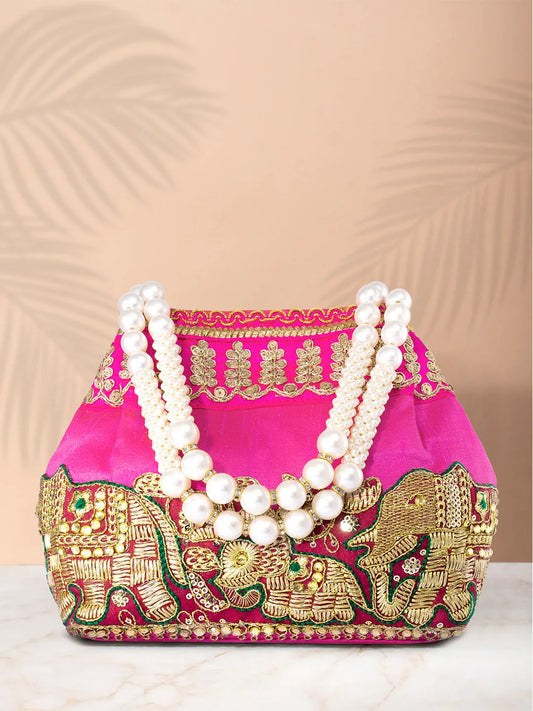 Timeless Zari Embroidery Potli Bag - Rani Pink
