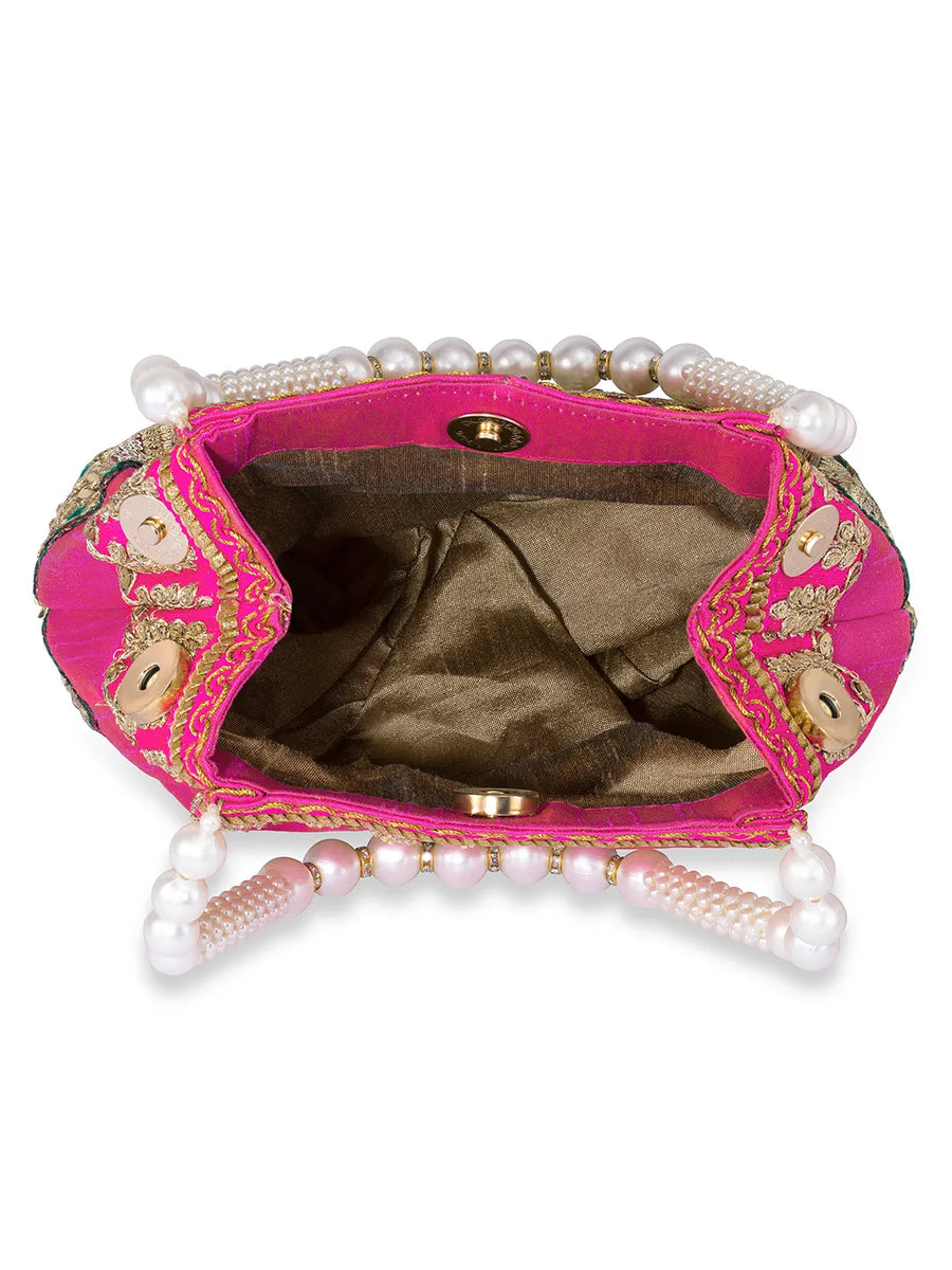 Timeless Zari Embroidery Potli Bag - Rani Pink