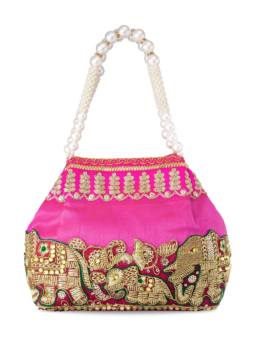 Timeless Zari Embroidery Potli Bag - Rani Pink