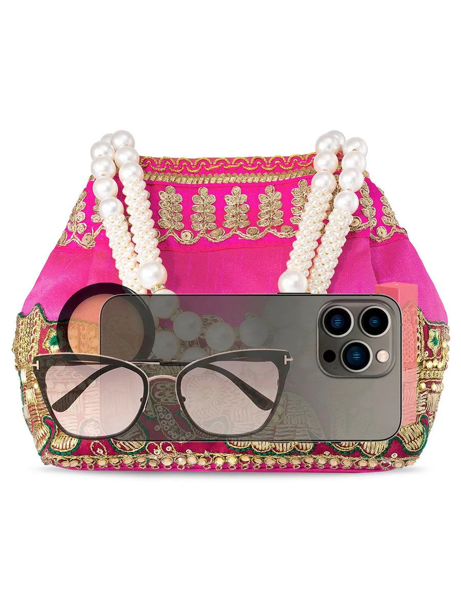 Timeless Zari Embroidery Potli Bag - Rani Pink