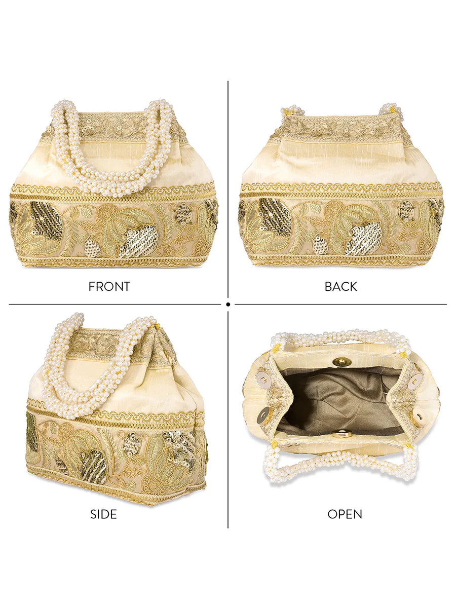 Timeless Zari Embroidery Potli Bag - Cream
