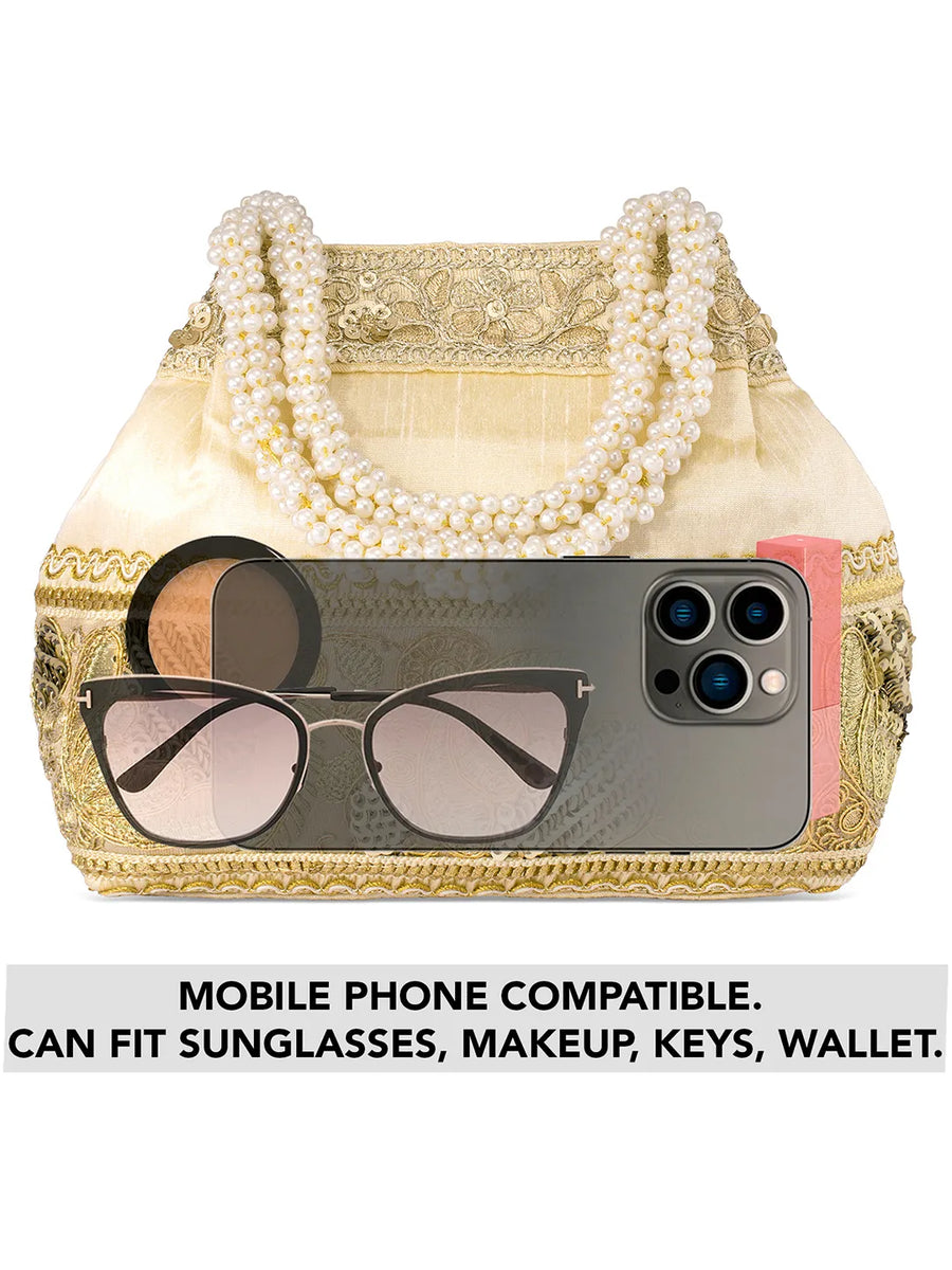 Timeless Zari Embroidery Potli Bag - Cream