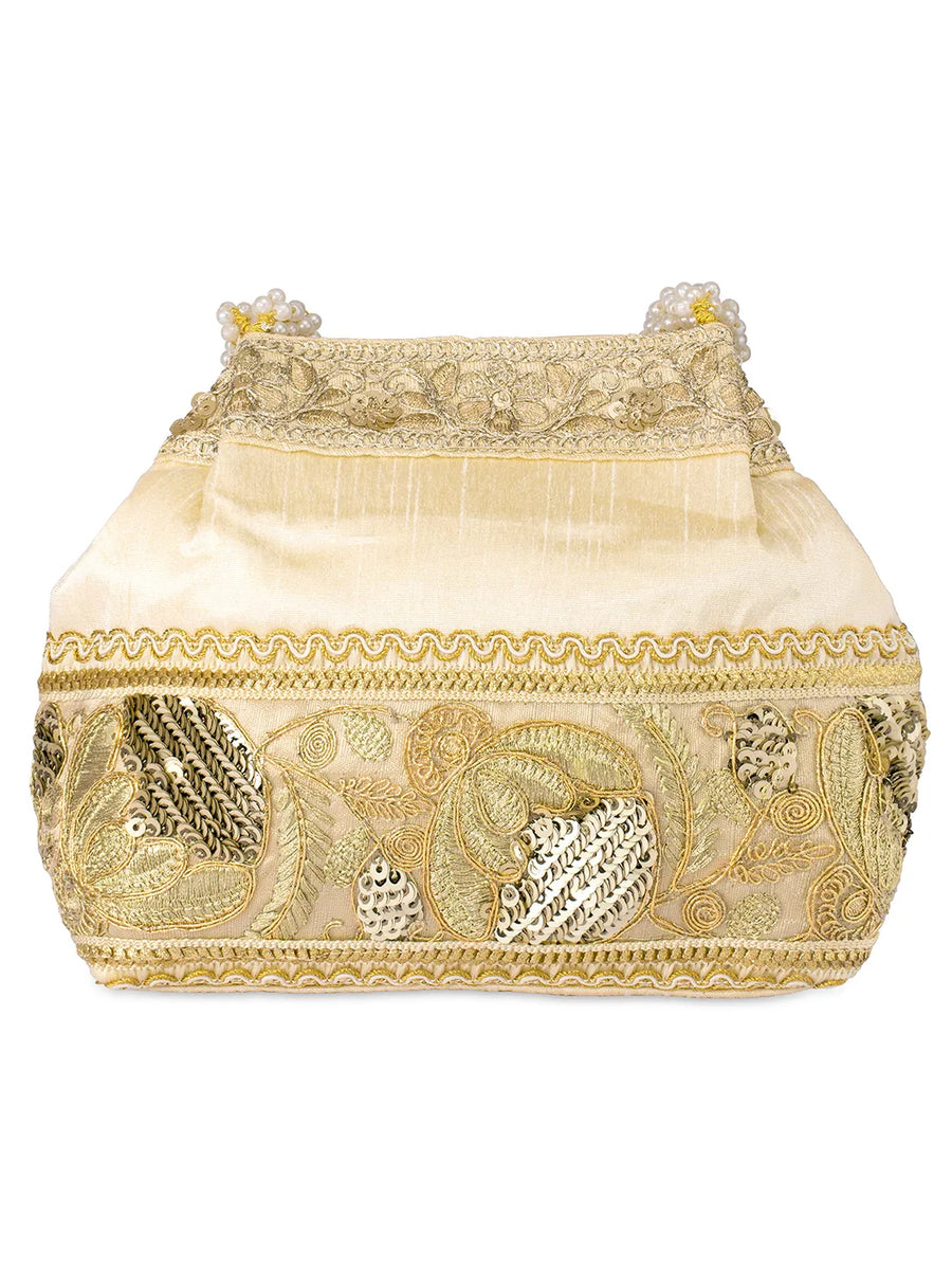 Timeless Zari Embroidery Potli Bag - Cream