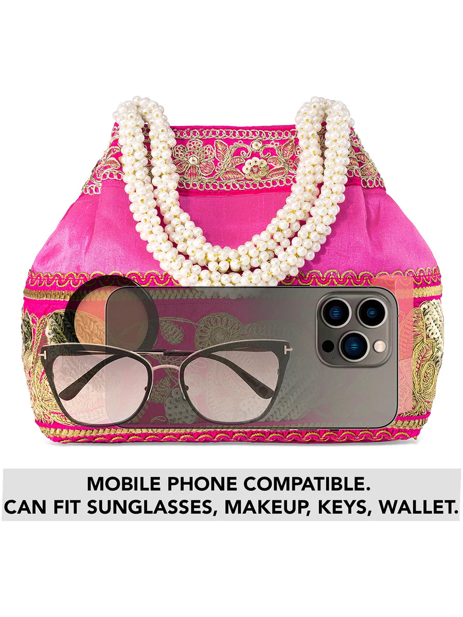 Timeless Zari Embroidery Potli Bag - Rani Pink