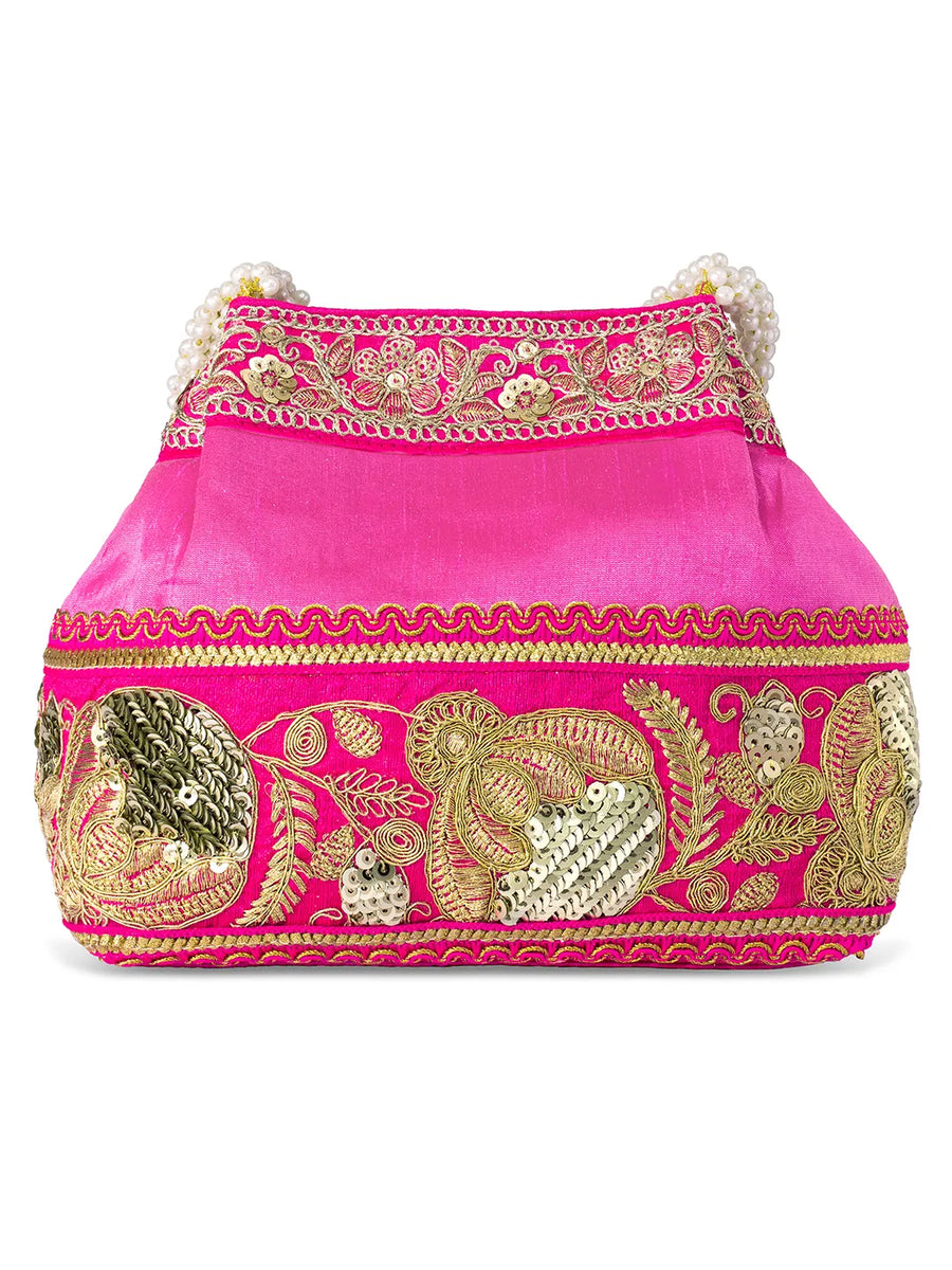 Timeless Zari Embroidery Potli Bag - Rani Pink