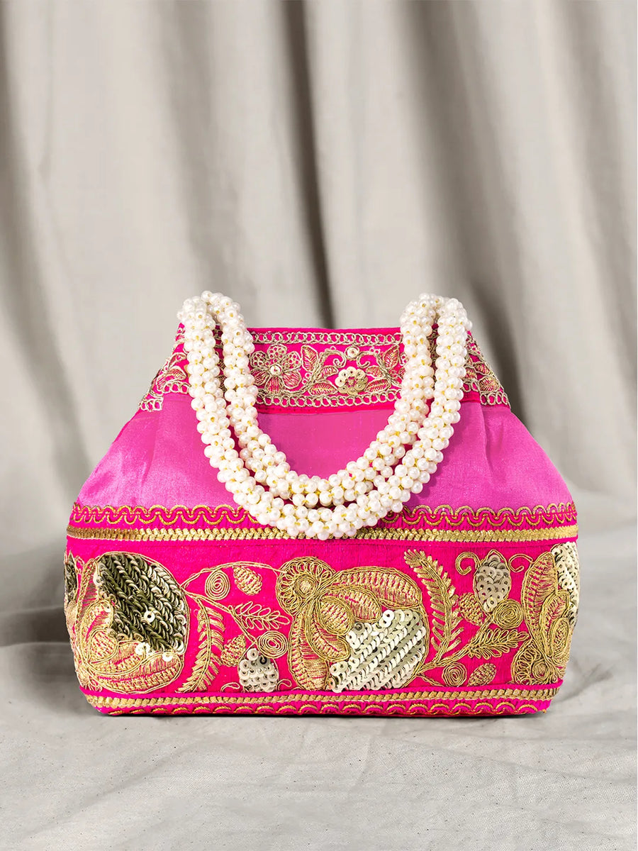 Timeless Zari Embroidery Potli Bag - Rani Pink
