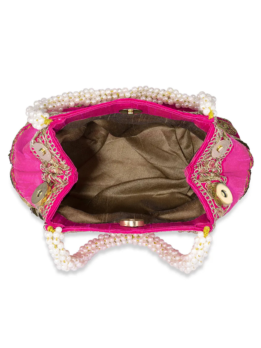 Timeless Zari Embroidery Potli Bag - Rani Pink