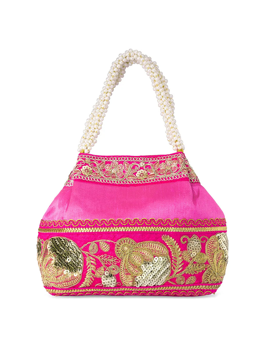 Timeless Zari Embroidery Potli Bag - Rani Pink