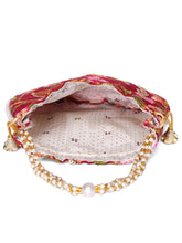 Maroon potli bag named Hand Embroidered Floral Potli Bag, featuring artificial beads detailing and soft fabric texture | Peora

