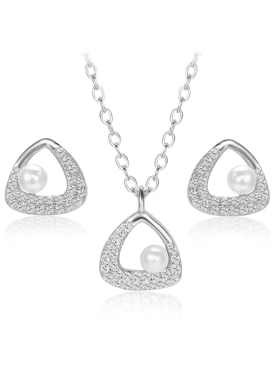 Classic 925 Silver Pearl CZ Pendant Set