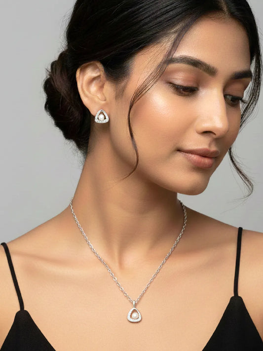 Classic 925 Silver Pearl CZ Pendant Set