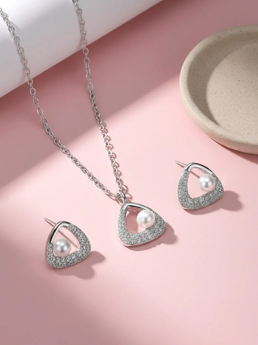 Classic 925 Silver Pearl CZ Pendant Set