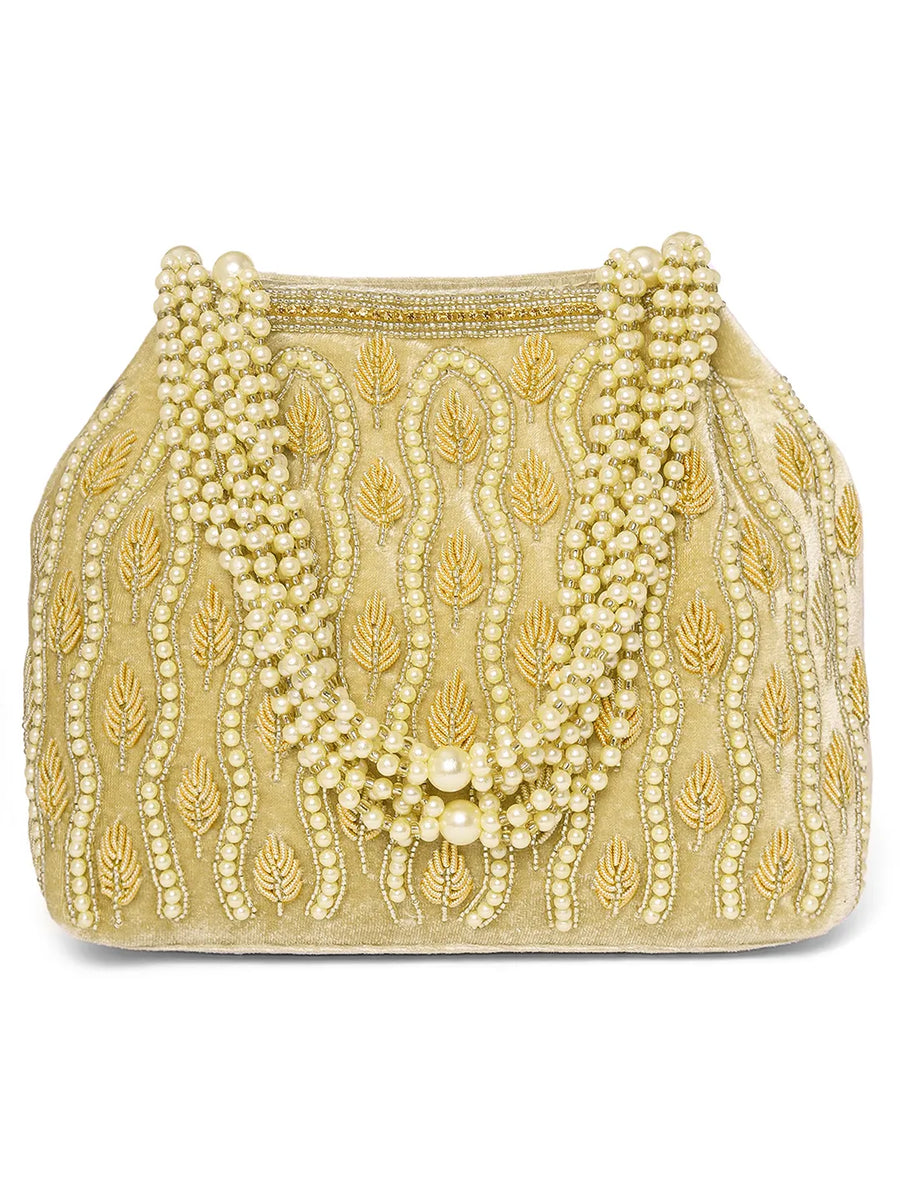 Gold potli bag named Embroidered Beaded Potli Purse, featuring faux pearl detailing and soft fabric texture | Peora

