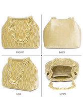 Gold potli bag named Embroidered Beaded Potli Purse, featuring faux pearl detailing and soft fabric texture | Peora
