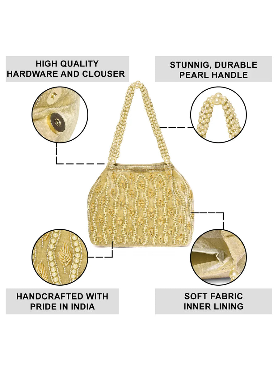 Gold potli bag named Embroidered Beaded Potli Purse, featuring faux pearl detailing and soft fabric texture | Peora
