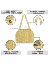 Gold potli bag named Embroidered Beaded Potli Purse, featuring faux pearl detailing and soft fabric texture | Peora
