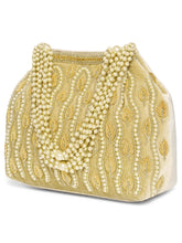 Gold potli bag named Embroidered Beaded Potli Purse, featuring faux pearl detailing and soft fabric texture | Peora
