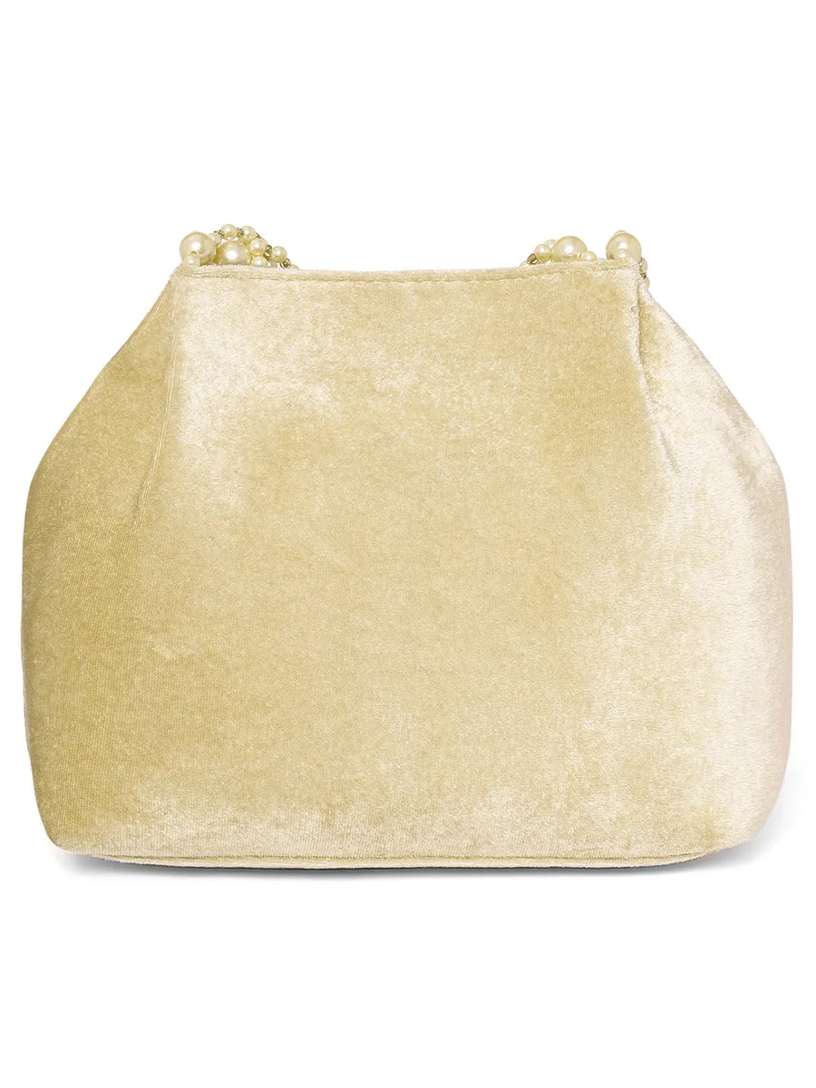 Gold potli bag named Embroidered Beaded Potli Purse, featuring faux pearl detailing and soft fabric texture | Peora
