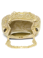 Gold potli bag named Embroidered Beaded Potli Purse, featuring faux pearl detailing and soft fabric texture | Peora
