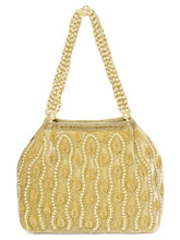 Gold potli bag named Embroidered Beaded Potli Purse, featuring faux pearl detailing and soft fabric texture | Peora
