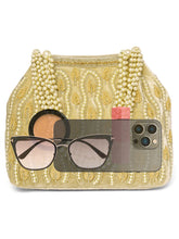 Gold potli bag named Embroidered Beaded Potli Purse, featuring faux pearl detailing and soft fabric texture | Peora

