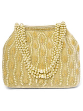 Gold potli bag named Embroidered Beaded Potli Purse, featuring faux pearl detailing and soft fabric texture | Peora
