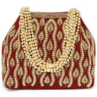 Maroon potli bag named Embroidered Beaded Potli Purse, featuring faux pearl detailing and soft fabric texture | Peora
