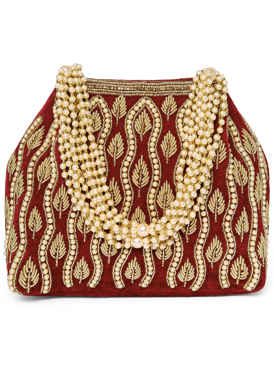 Maroon potli bag named Embroidered Beaded Potli Purse, featuring faux pearl detailing and soft fabric texture | Peora
