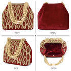 Maroon potli bag named Embroidered Beaded Potli Purse, featuring faux pearl detailing and soft fabric texture | Peora
