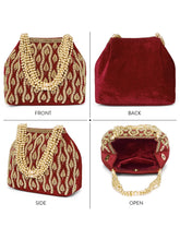 Maroon potli bag named Embroidered Beaded Potli Purse, featuring faux pearl detailing and soft fabric texture | Peora
