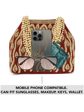Maroon potli bag named Embroidered Beaded Potli Purse, featuring faux pearl detailing and soft fabric texture | Peora
