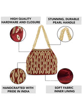 Maroon potli bag named Embroidered Beaded Potli Purse, featuring faux pearl detailing and soft fabric texture | Peora

