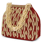 Maroon potli bag named Embroidered Beaded Potli Purse, featuring faux pearl detailing and soft fabric texture | Peora
