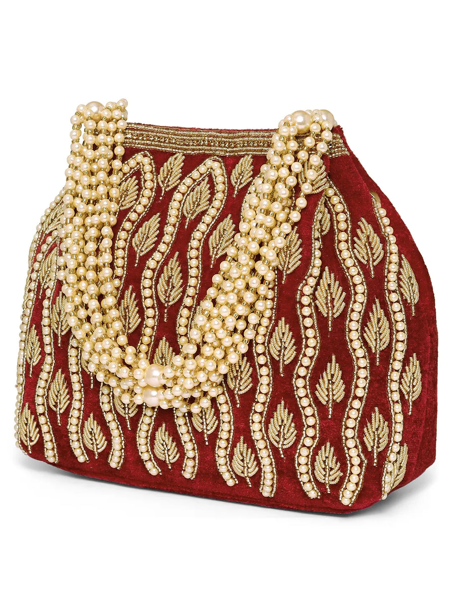 Maroon potli bag named Embroidered Beaded Potli Purse, featuring faux pearl detailing and soft fabric texture | Peora
