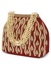 Maroon potli bag named Embroidered Beaded Potli Purse, featuring faux pearl detailing and soft fabric texture | Peora
