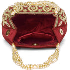 Maroon potli bag named Embroidered Beaded Potli Purse, featuring faux pearl detailing and soft fabric texture | Peora
