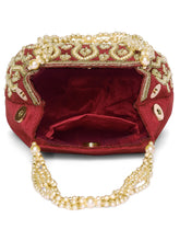 Maroon potli bag named Embroidered Beaded Potli Purse, featuring faux pearl detailing and soft fabric texture | Peora
