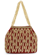 Maroon potli bag named Embroidered Beaded Potli Purse, featuring faux pearl detailing and soft fabric texture | Peora
