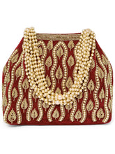 Maroon potli bag named Embroidered Beaded Potli Purse, featuring faux pearl detailing and soft fabric texture | Peora
