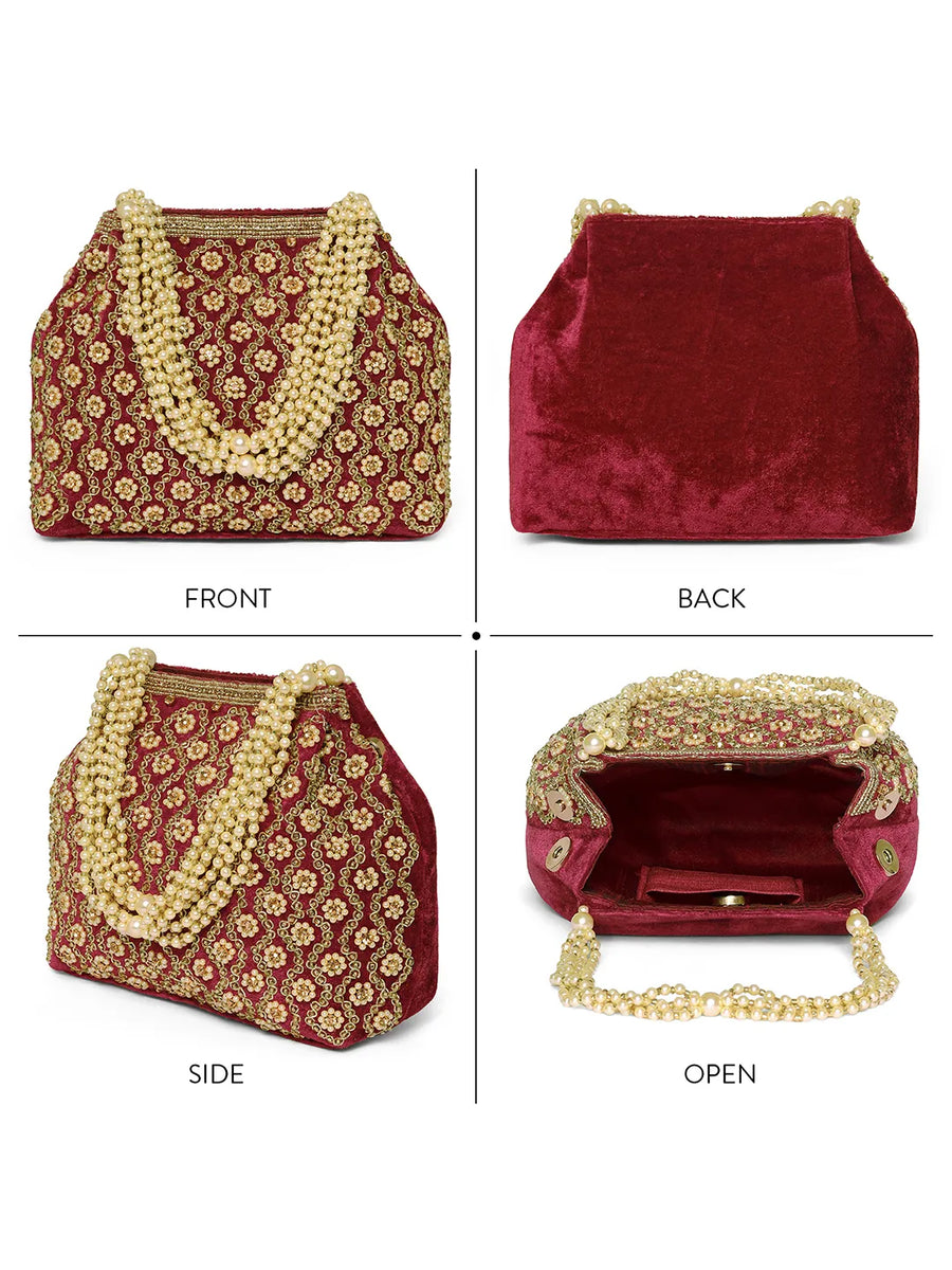 Vintage Pearl Embellished Potli - Maroon