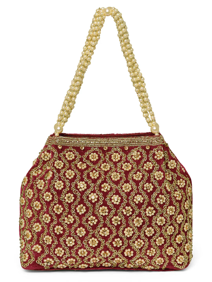 Vintage Pearl Embellished Potli - Maroon