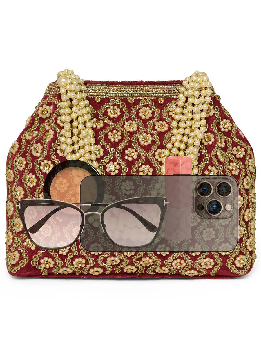 Vintage Pearl Embellished Potli - Maroon