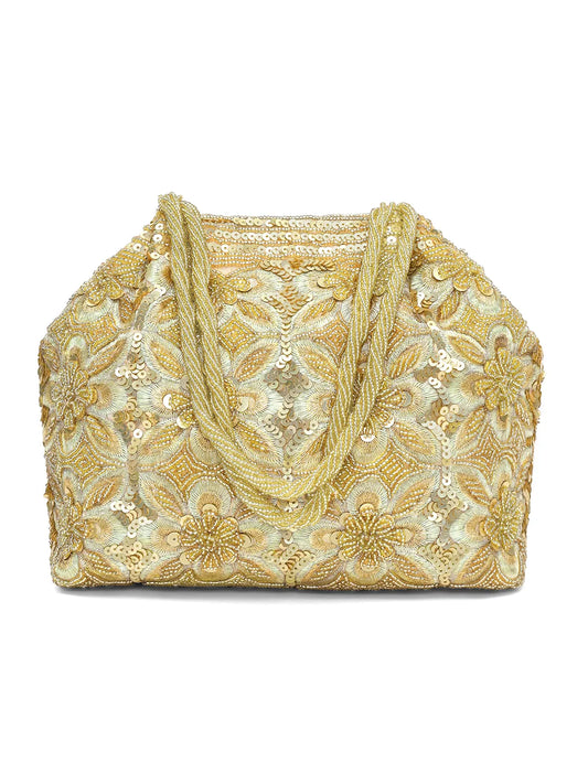 Floral Embroidered Clutch with Beads - Golden
