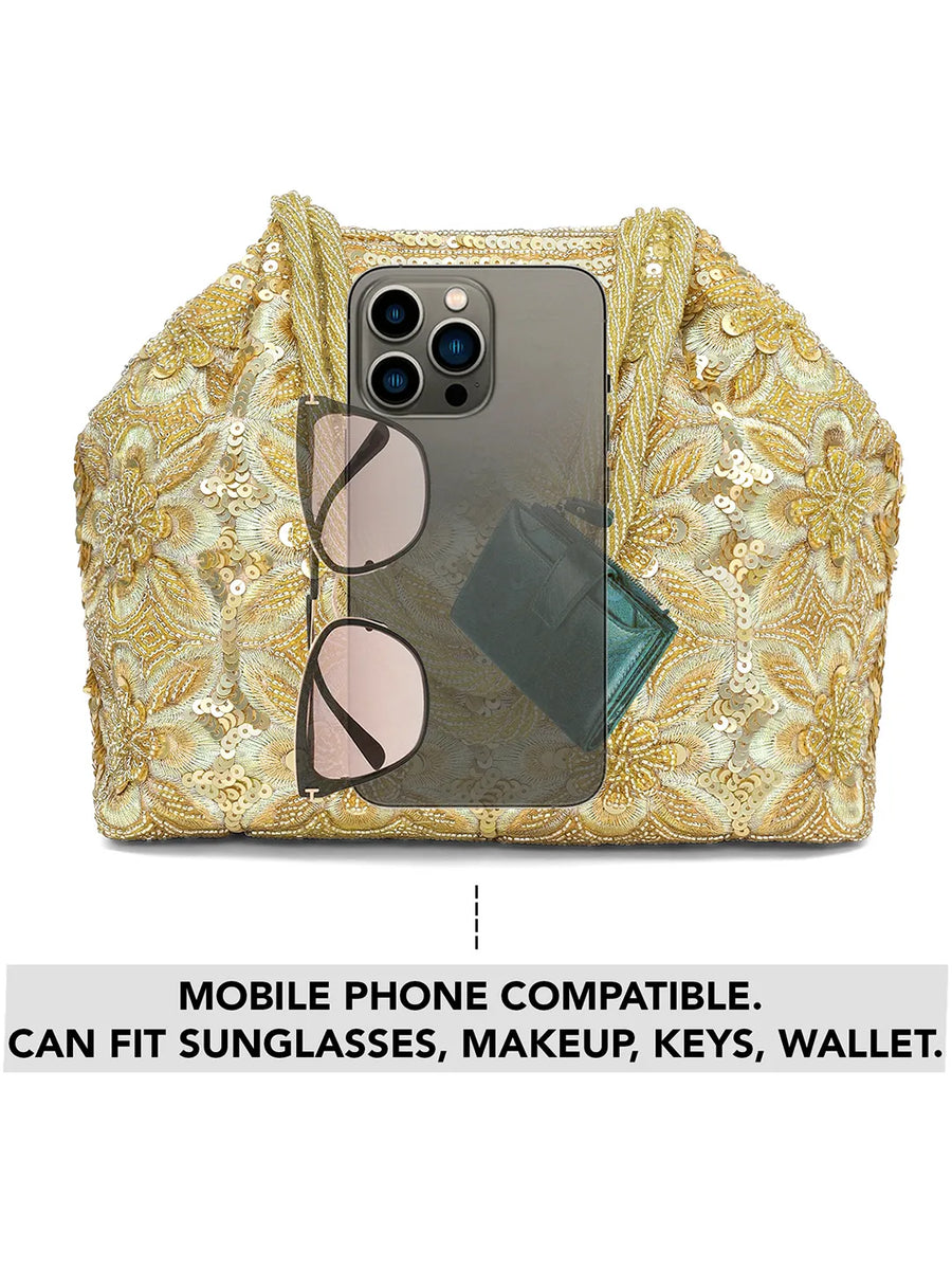 Floral Embroidered Clutch with Beads - Golden