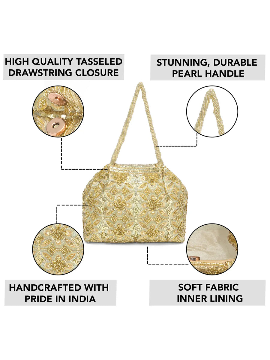 Floral Embroidered Clutch with Beads - Golden