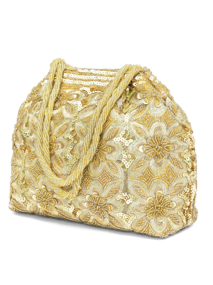 Floral Embroidered Clutch with Beads - Golden