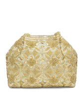 Floral Embroidered Clutch with Beads - Golden