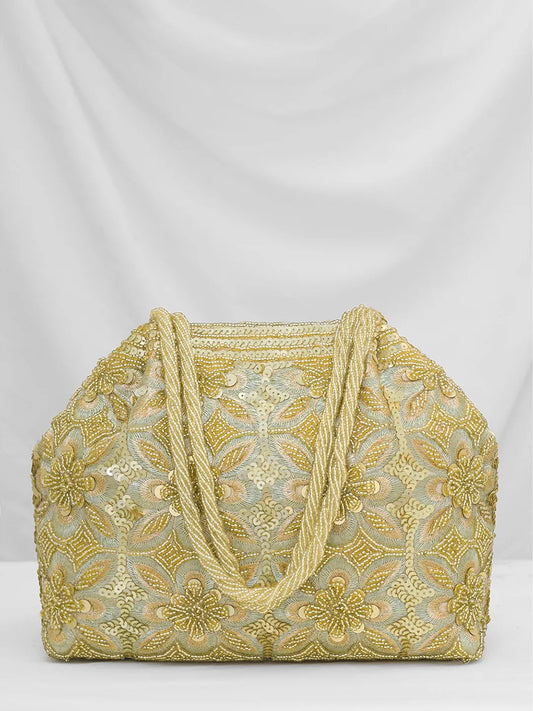 Floral Embroidered Clutch with Beads - Golden